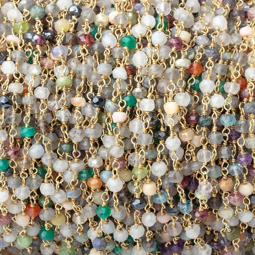 3.5mm Multi Gem Faceted Rondelle Beads on Vermeil Hand - Wrapped Chain - Beadsofcambay.com