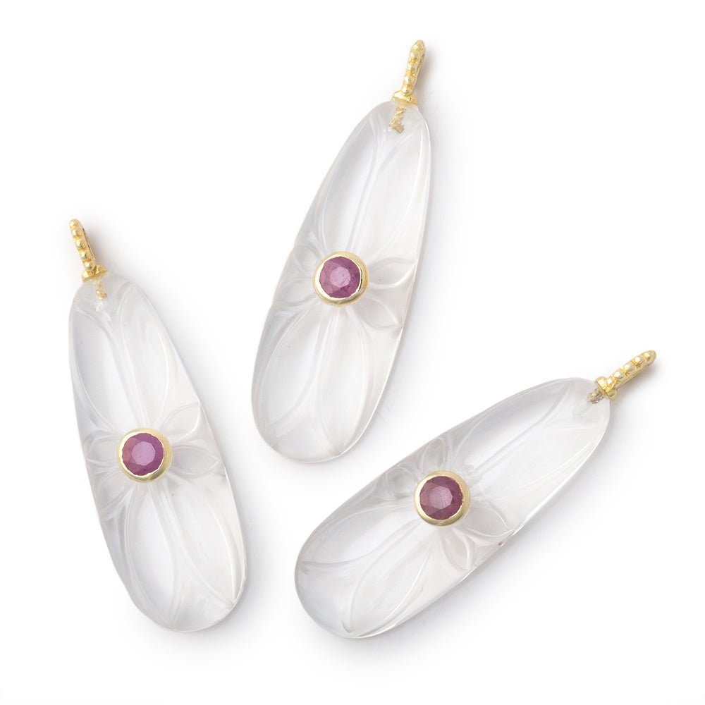 35x13mm Crystal Quartz Carved Pear with Bezel Ruby Inlay 1 Pendant - Beadsofcambay.com