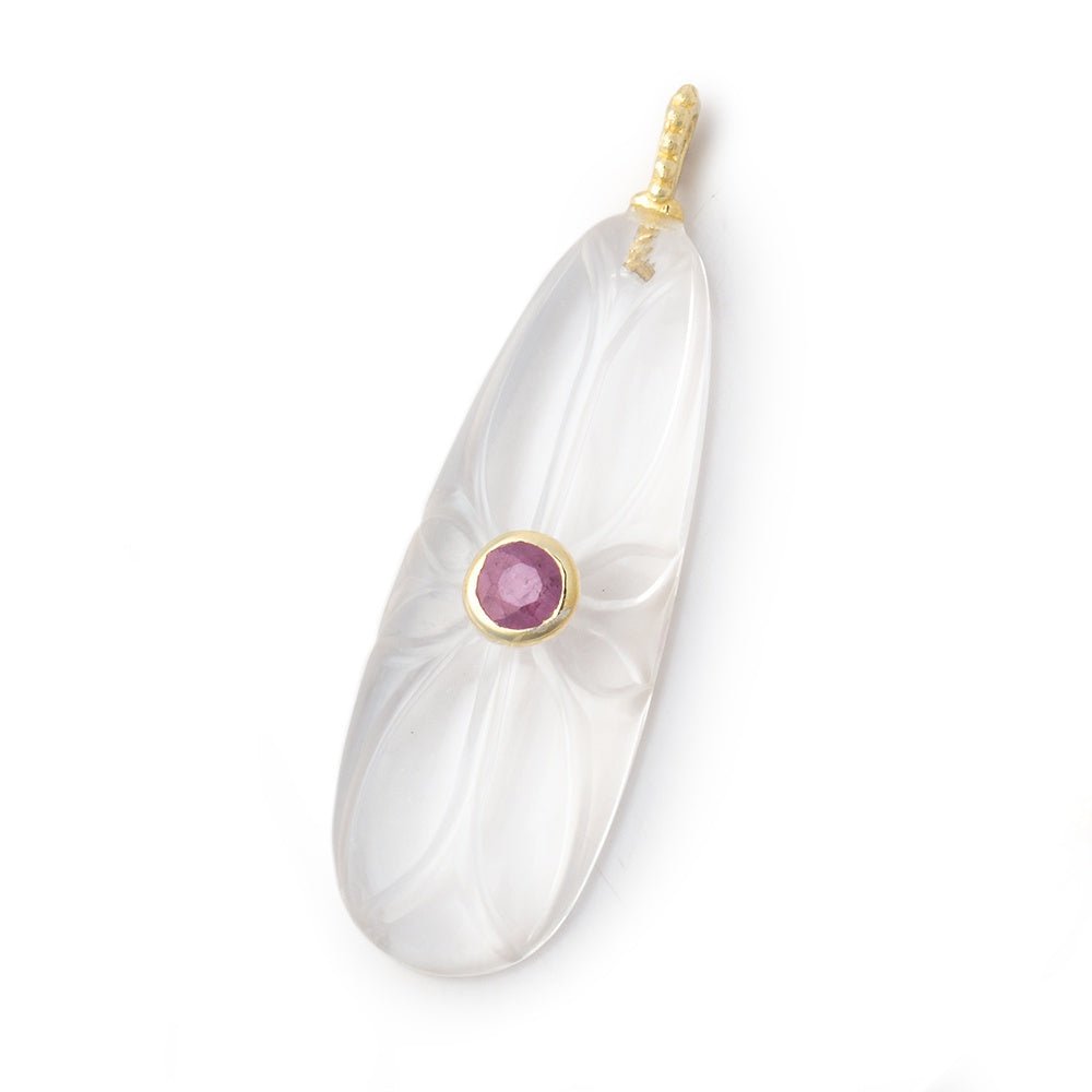 35x13mm Crystal Quartz Carved Pear with Bezel Ruby Inlay 1 Pendant - Beadsofcambay.com