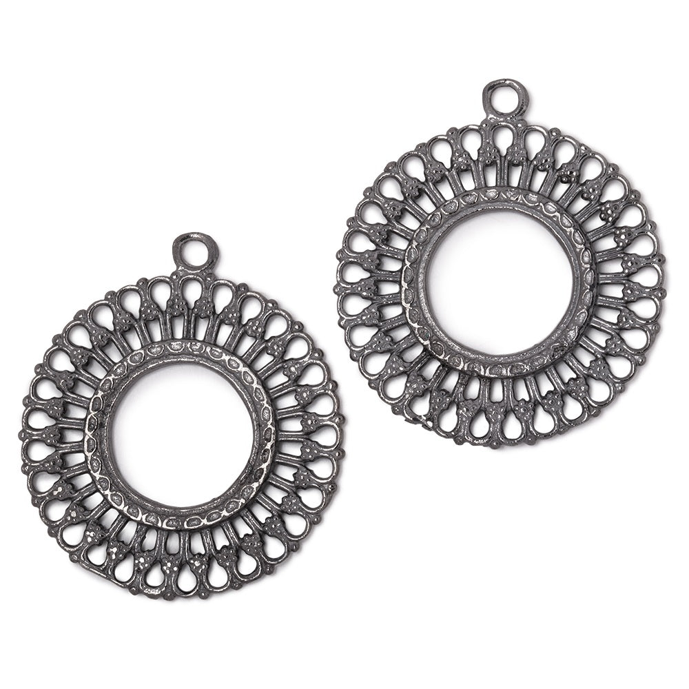 37mm Black Gold Plated Round Filigree Charm Set of 2 pieces - Beadsofcambay.com