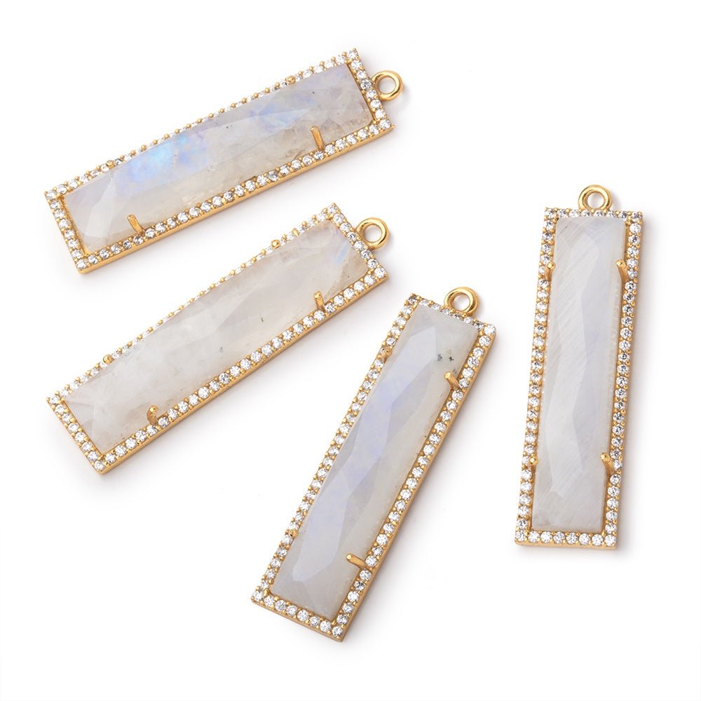 39x10.5mm Vermeil Bezel White CZ & Rainbow Moonstone Bar 1 Pendant - Beadsofcambay.com