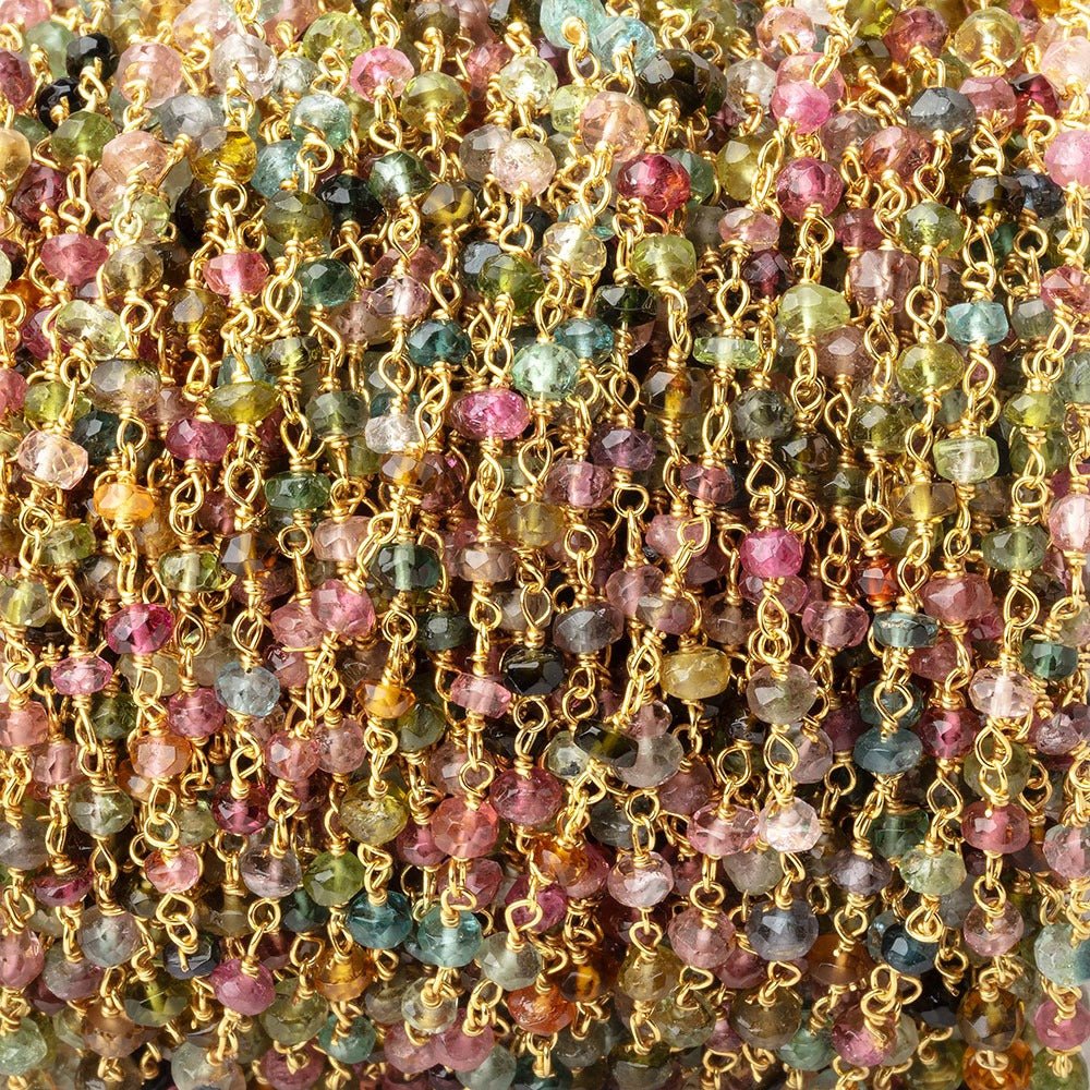 3mm Multi Color Tourmaline Faceted Rondelles on Vermeil Hand - Wrapped Chain - Beadsofcambay.com