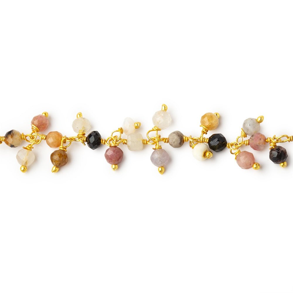 3mm Multi Gem Micro Faceted Rounds & Cubes on Gold Plated Dangling Chain - Beadsofcambay.com
