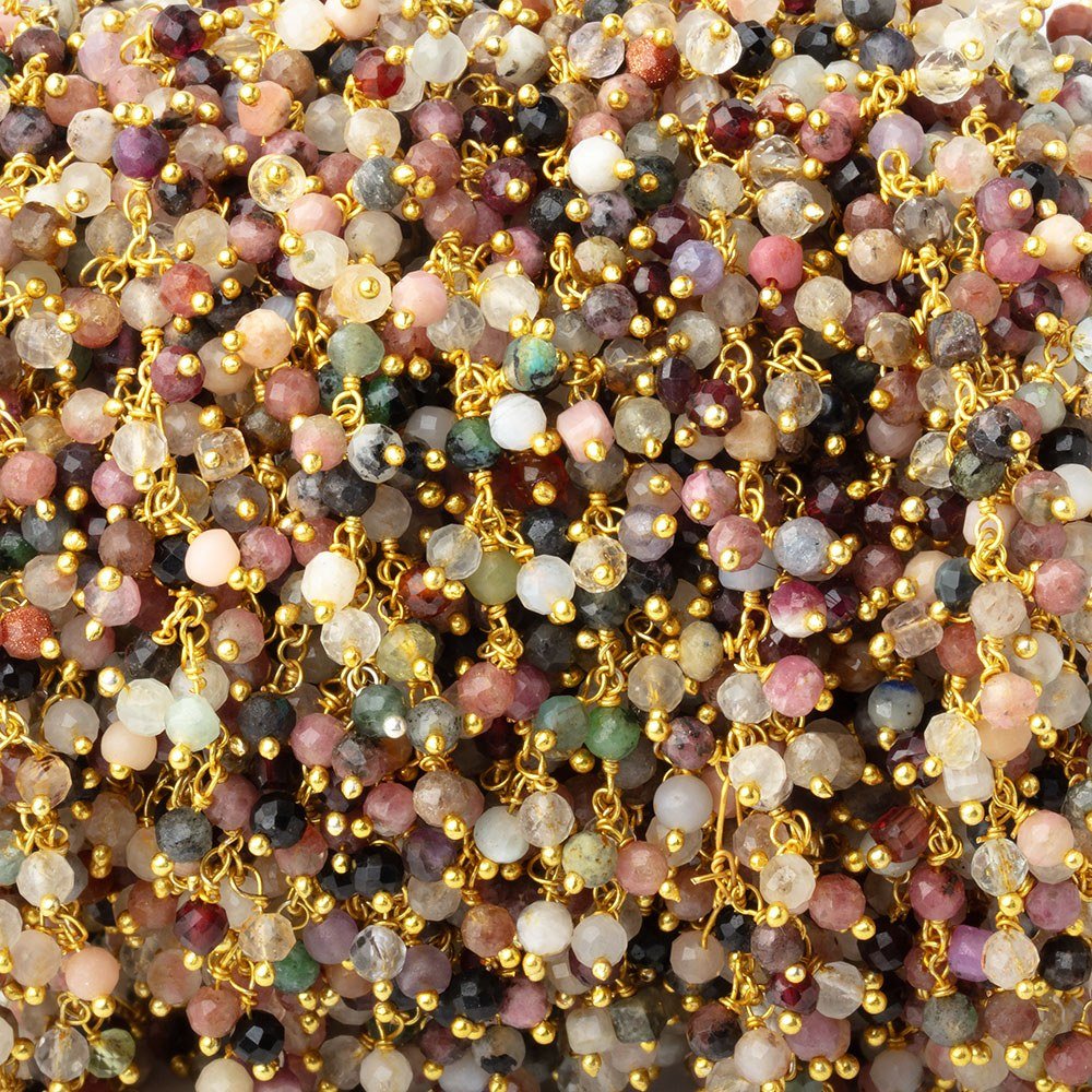 3mm Multi Gem Micro Faceted Rounds & Cubes on Gold Plated Dangling Chain - Beadsofcambay.com