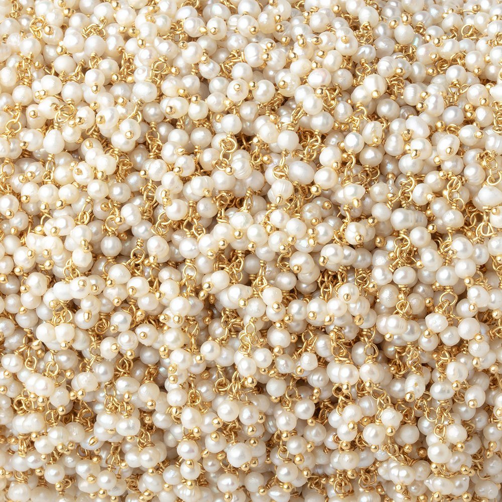 3mm White Baroque Freshwater Pearls on Gold Plated Dangling Chain - Beadsofcambay.com