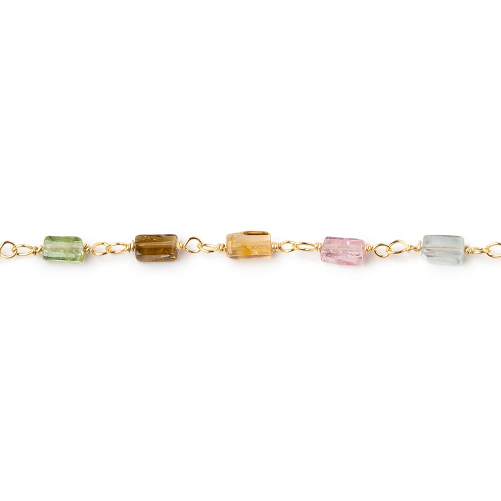 4 - 6mm Multi Color Tourmaline Plain Rectangles on Vermeil Chain - Beadsofcambay.com