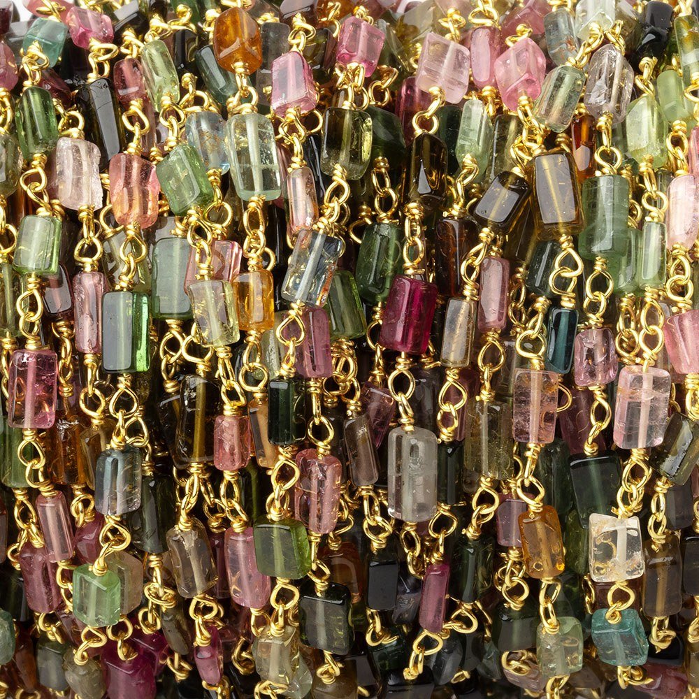 4 - 6mm Multi Color Tourmaline Plain Rectangles on Vermeil Chain - Beadsofcambay.com