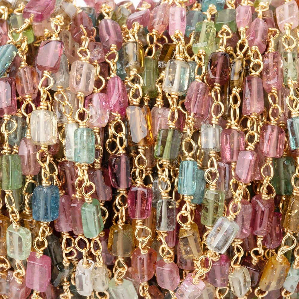 4 - 6mm Multi Color Tourmaline Plain Rectangles on Vermeil Chain - Beadsofcambay.com