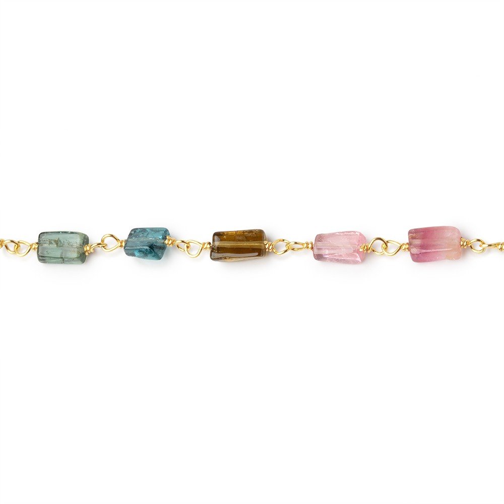 4 - 6mm Multi Color Tourmaline Plain Rectangles on Vermeil Chain - Beadsofcambay.com
