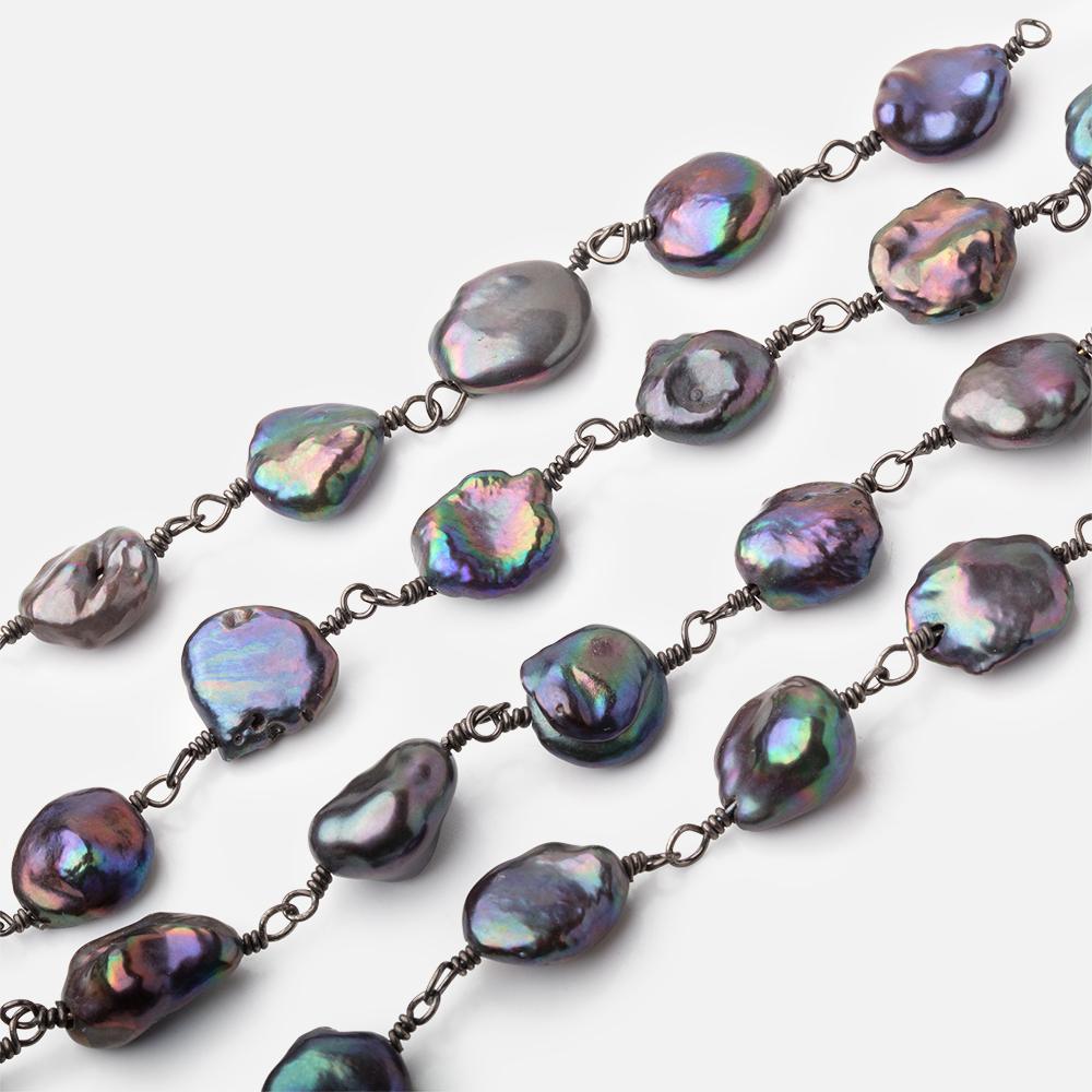 9-10mm Peacock Keshi Pearls on Black Gold over .925 Silver Chain - BeadsofCambay.com