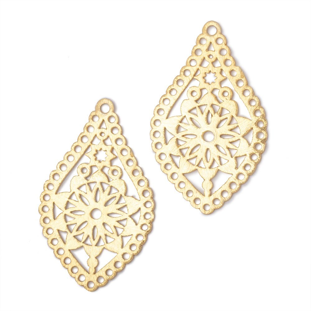 40x24mm 22kt Gold Plated Brushed Filigree Tear Drop Charm Set of 2 pieces - Beadsofcambay.com