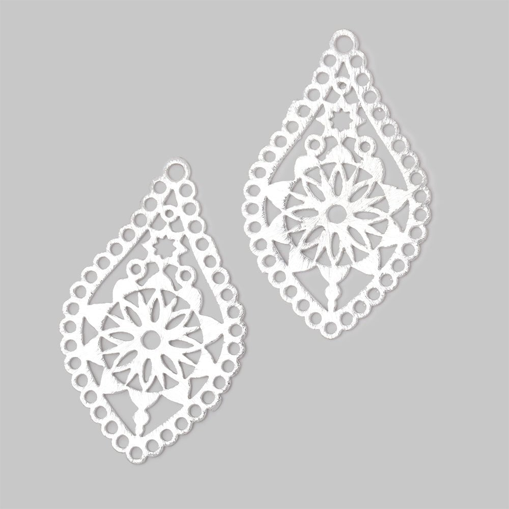 40x24mm Silver Plated Brushed Filigree Tear Drop Charm Set of 2 pieces - Beadsofcambay.com
