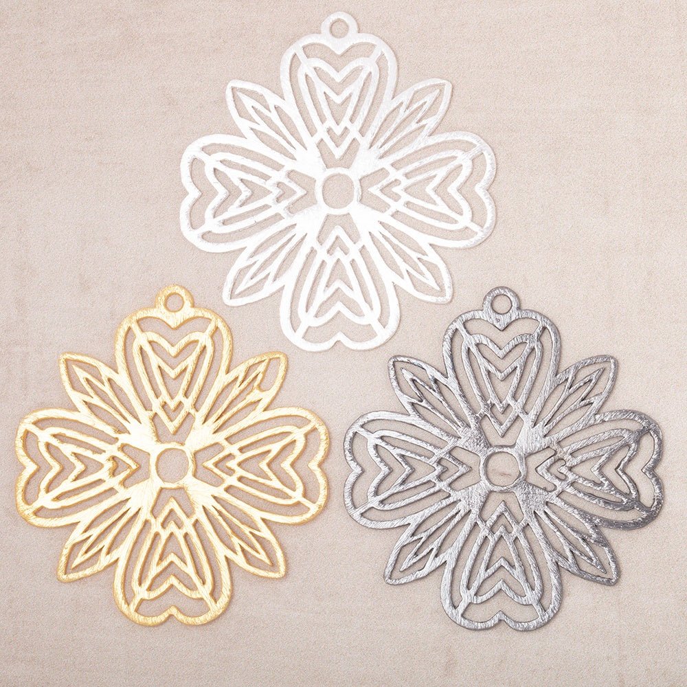 41mm Brushed Filigree Flower Charm Set of 2 pieces - Beadsofcambay.com