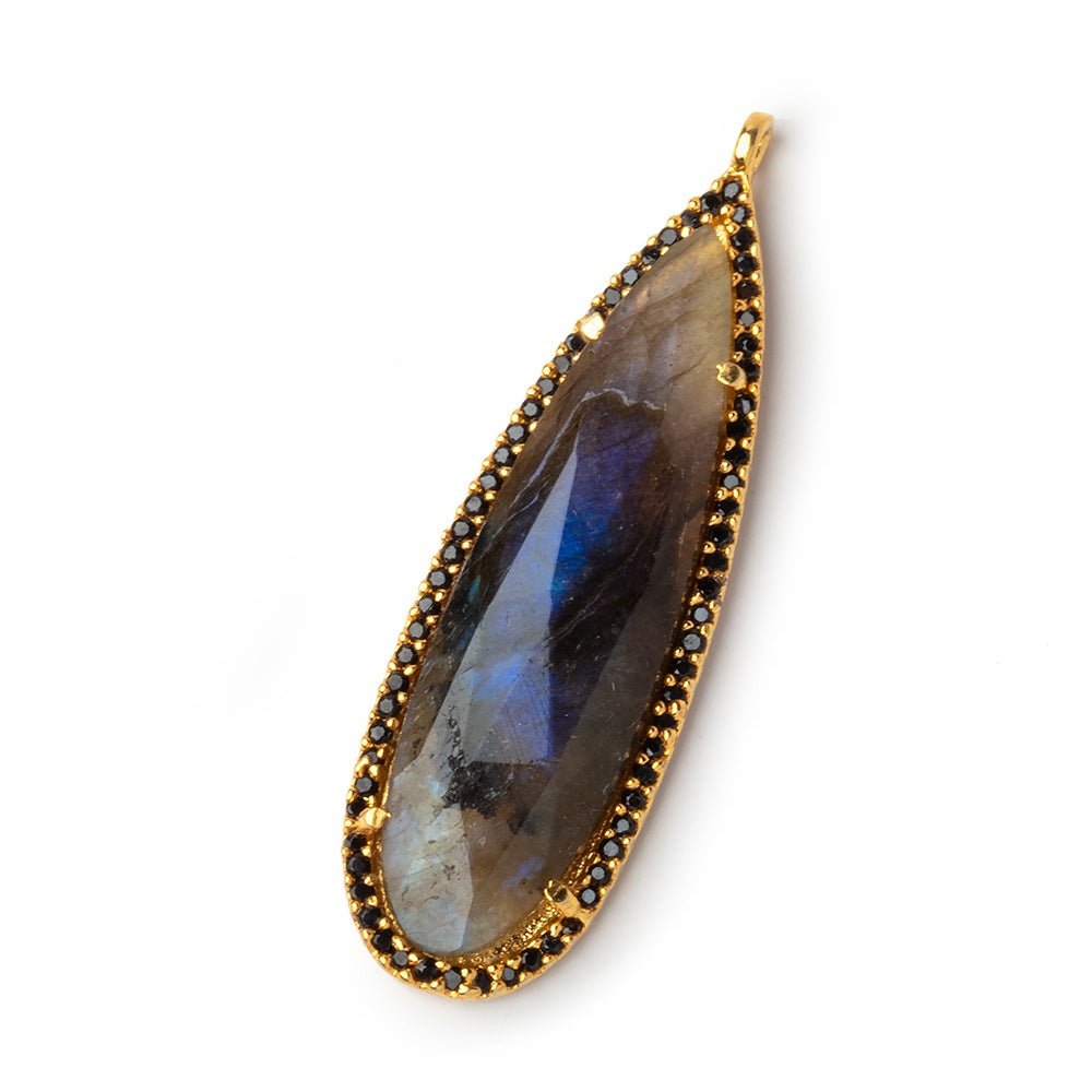 41x14mm Vermeil & Black CZ Bezel Labradorite Pear Pendant 1 Focal - Beadsofcambay.com