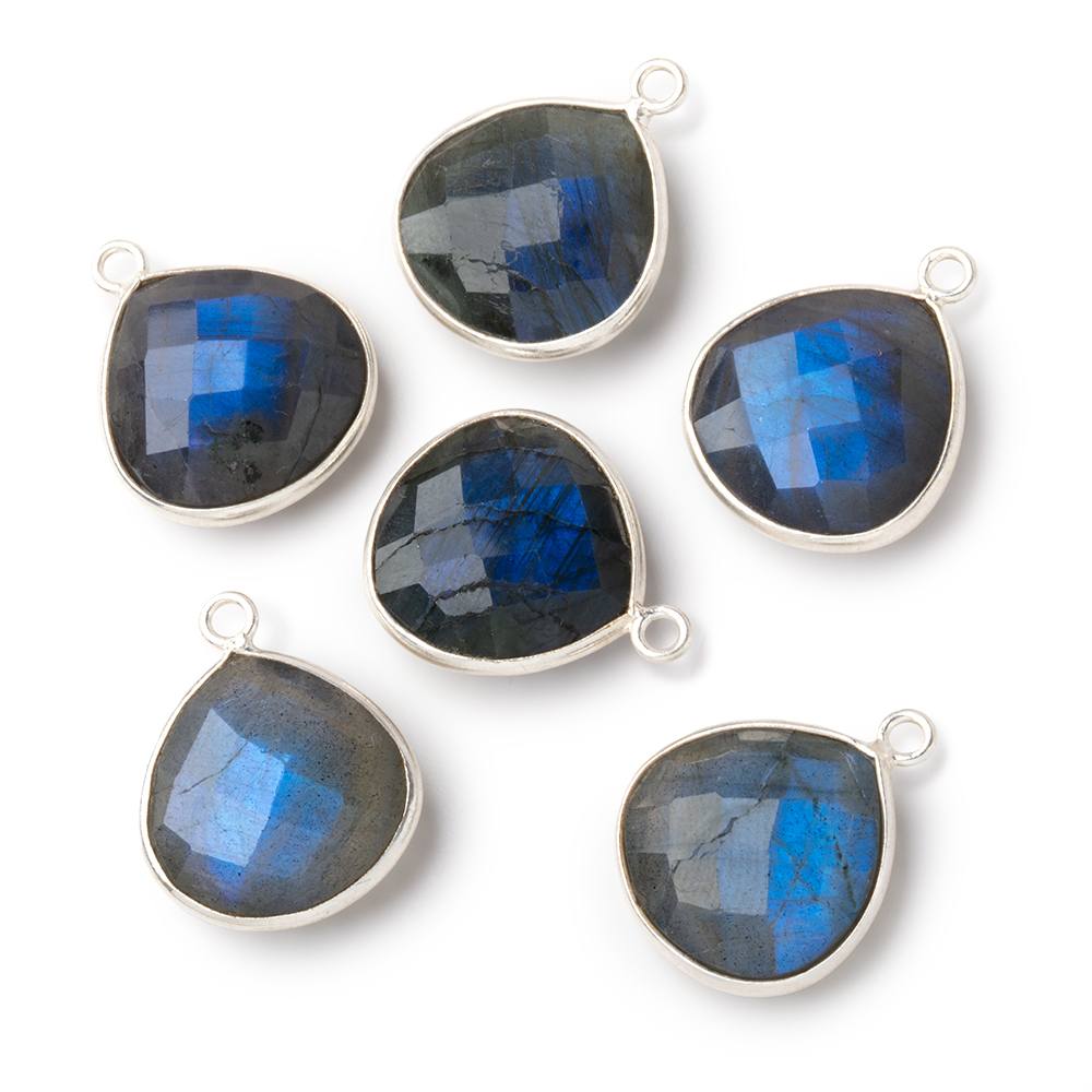 16mm Sterling Silver Bezel Blue Flash Labradorite Faceted Heart Pendant 1 Focal - BeadsofCambay.com