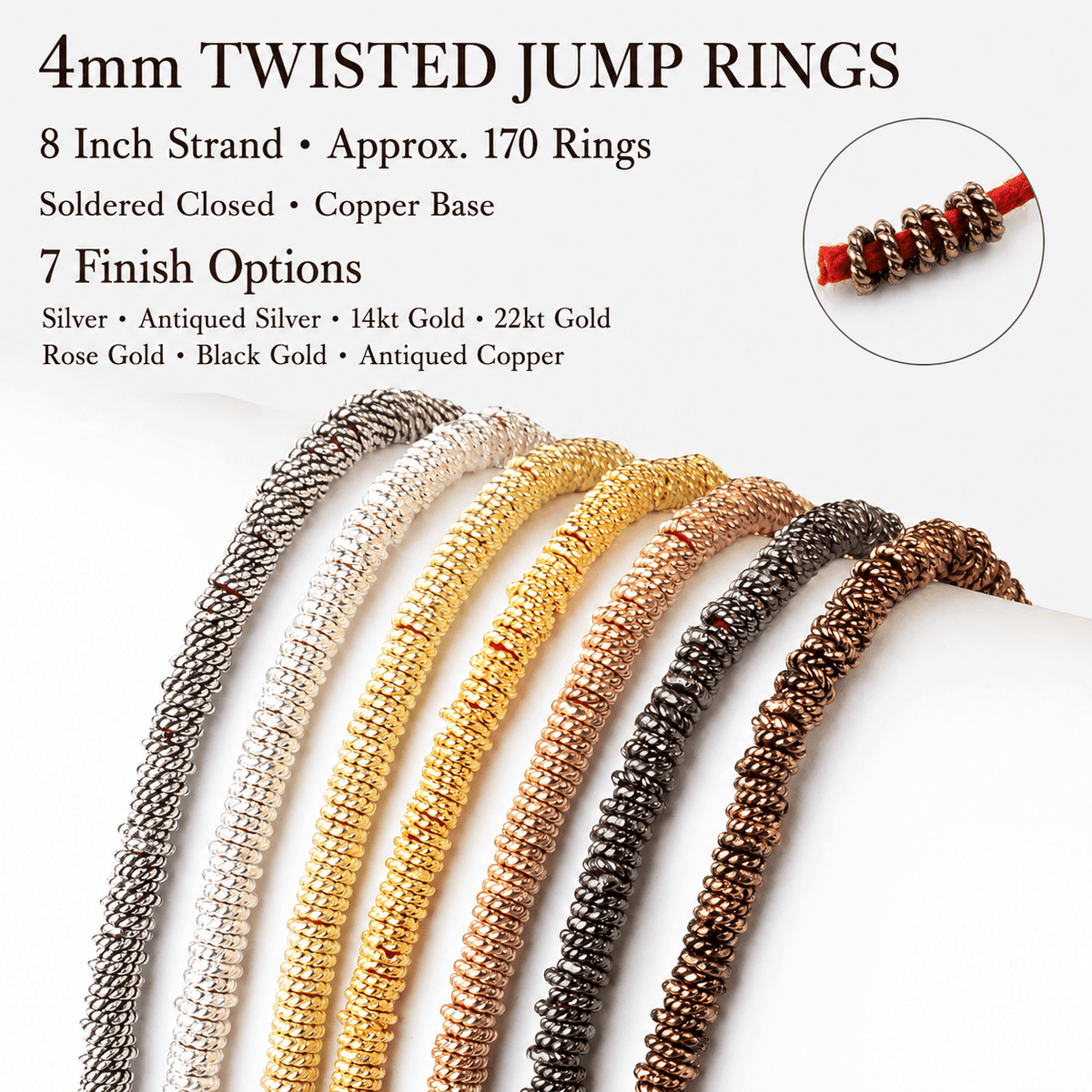4mm Twisted Jump Rings on an 8 inch Strand - Beadsofcambay.com