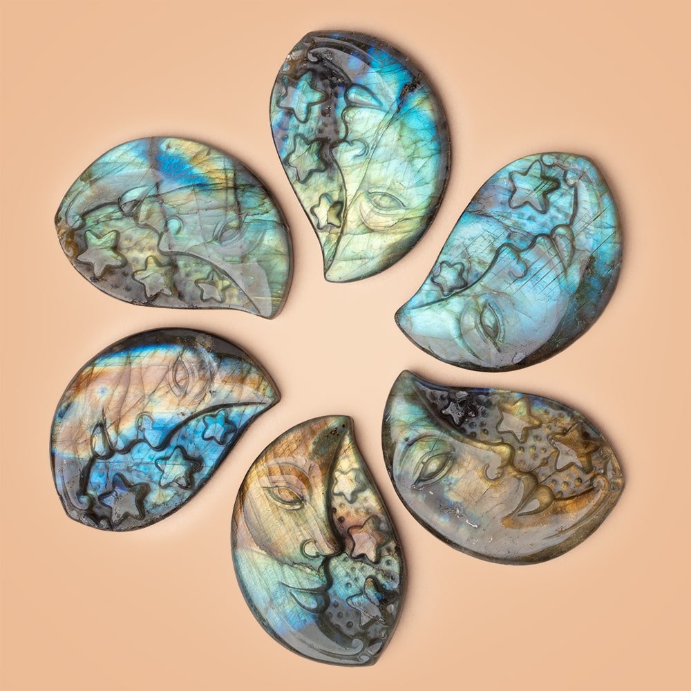 50x34mm Labradorite Crescent Moon and Stars Cabochon 1 Piece - Beadsofcambay.com