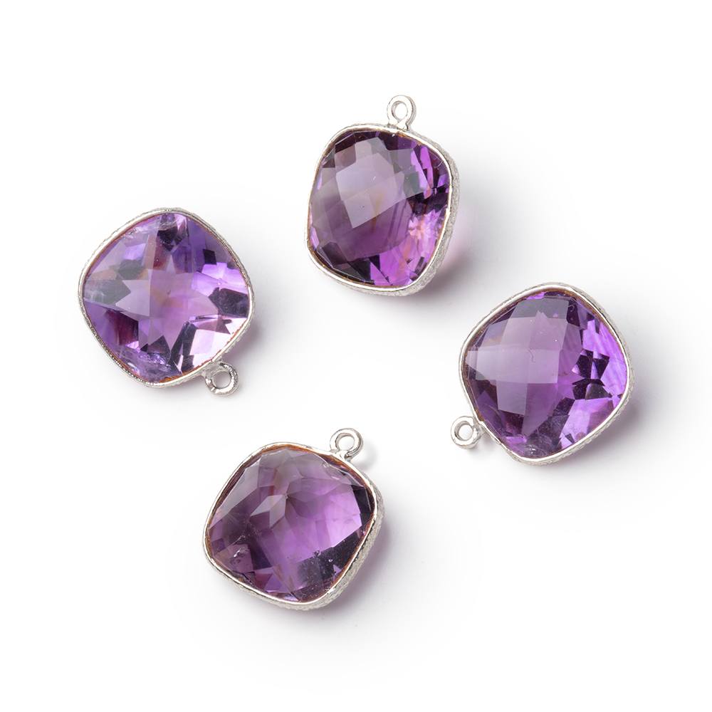 13mm Sterling Silver Textured Bezel Amethyst Pavilion Faceted Cushion 1 Pendant - BeadsofCambay.com