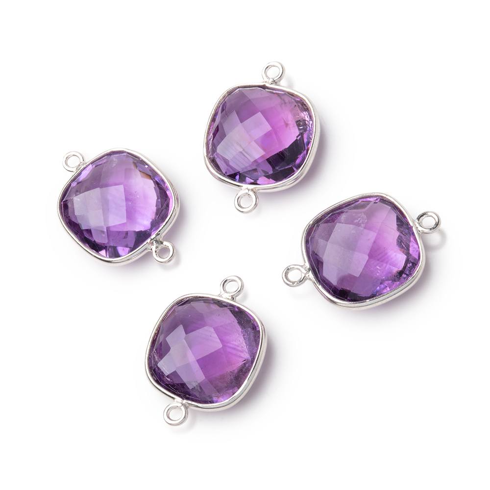 13mm Sterling Silver Bezel Amethyst Faceted Cushion Connector 1 piece - BeadsofCambay.com