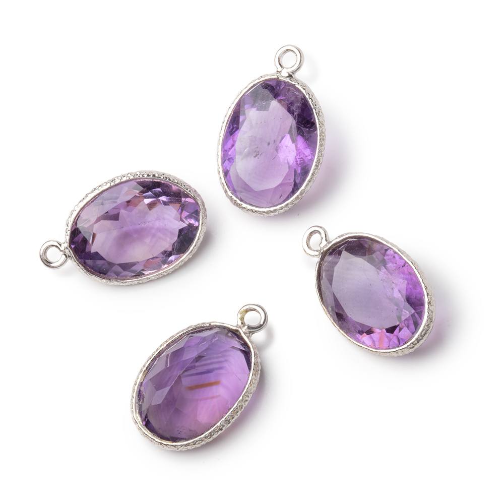 15x11mm Sterling Silver Textured Bezel Amethyst Pavilion Faceted Oval 1 Pendant - BeadsofCambay.com