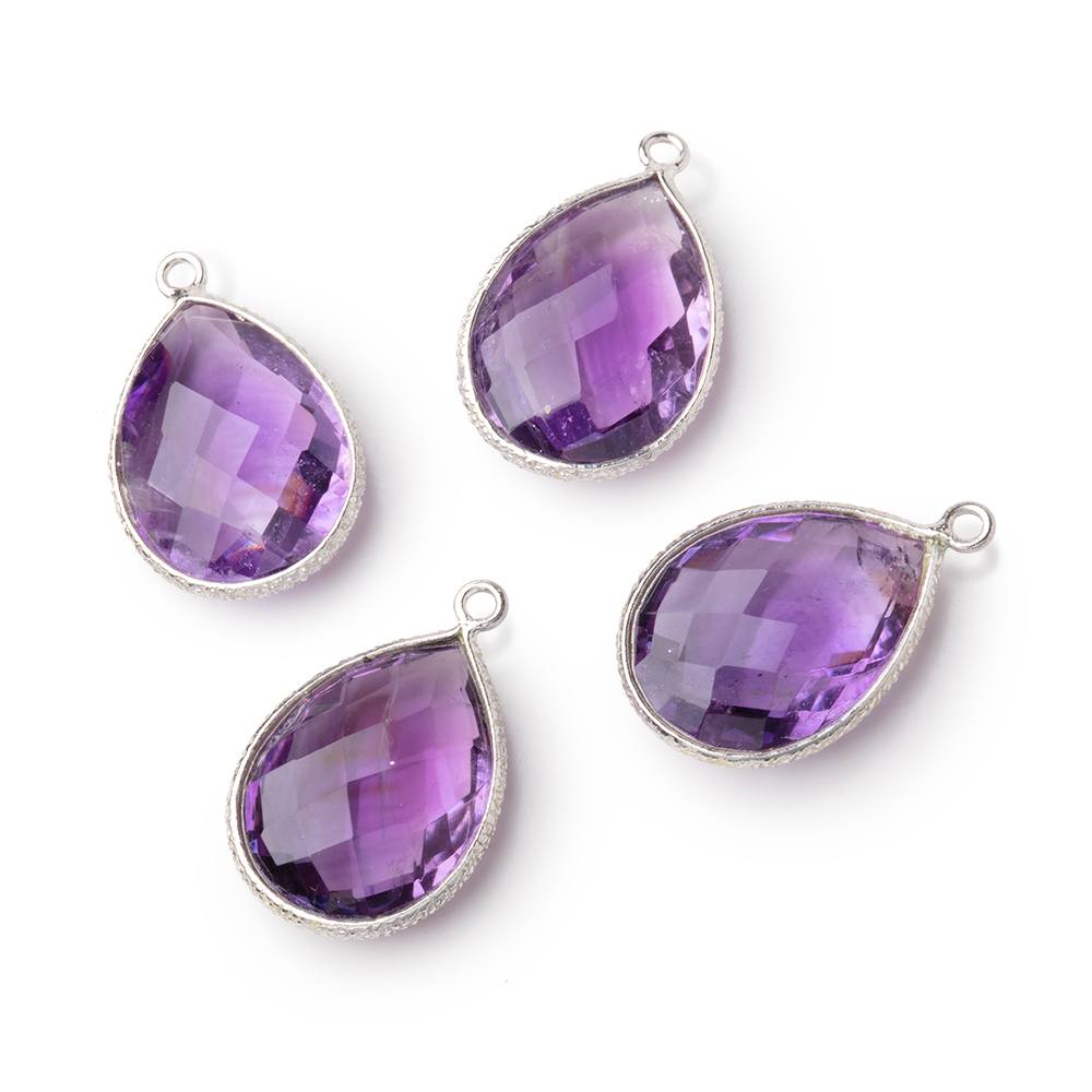 17x13mm Sterling Silver Textured Bezel Amethyst Faceted Pear 1 Pendant - BeadsofCambay.com
