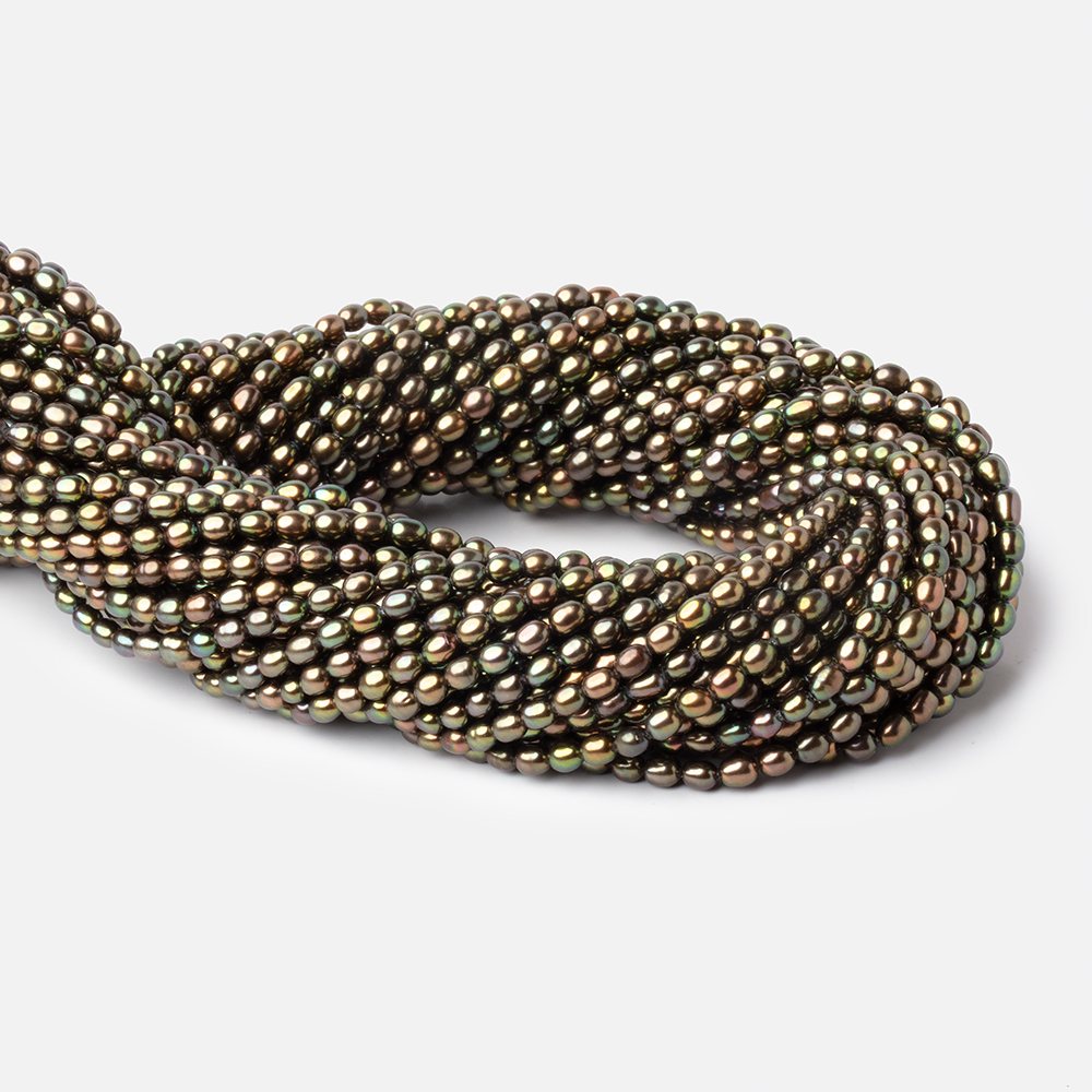 4-4.5mm Olive Green Oval Freshwater Pearls 15 inch 96 Beads - BeadsofCambay.com