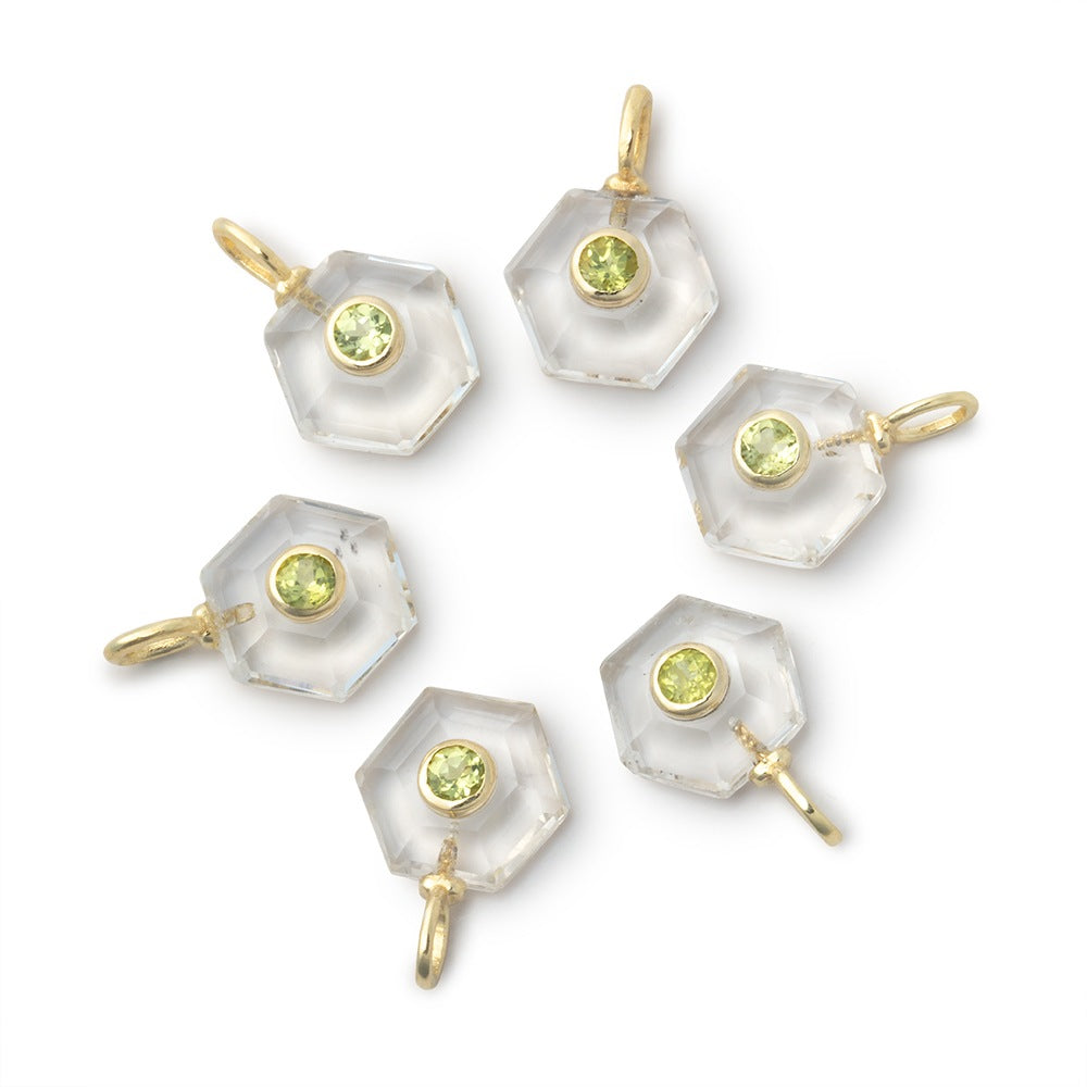 10mm Crystal Quartz Hexagon with Bezeled Peridot Inlay 1 Pendant - BeadsofCambay.com