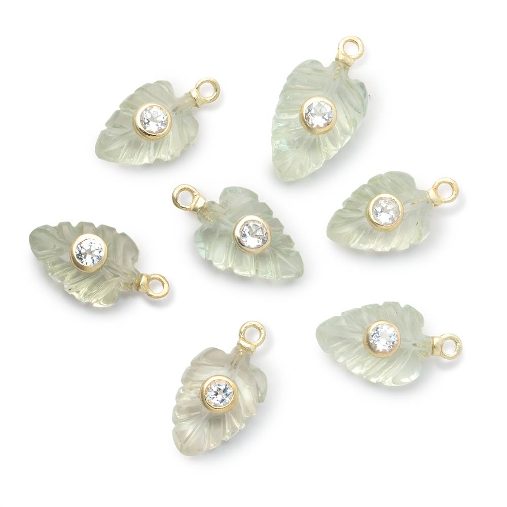 11-14mm Prasiolite Carved Leaf with Bezeled Topaz Inlay 1 Pendant - BeadsofCambay.com