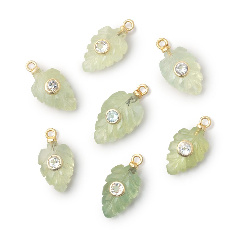 12-14mm Prehnite Carved Leaf with Bezeled Topaz Inlay 1 Pendant - BeadsofCambay.com