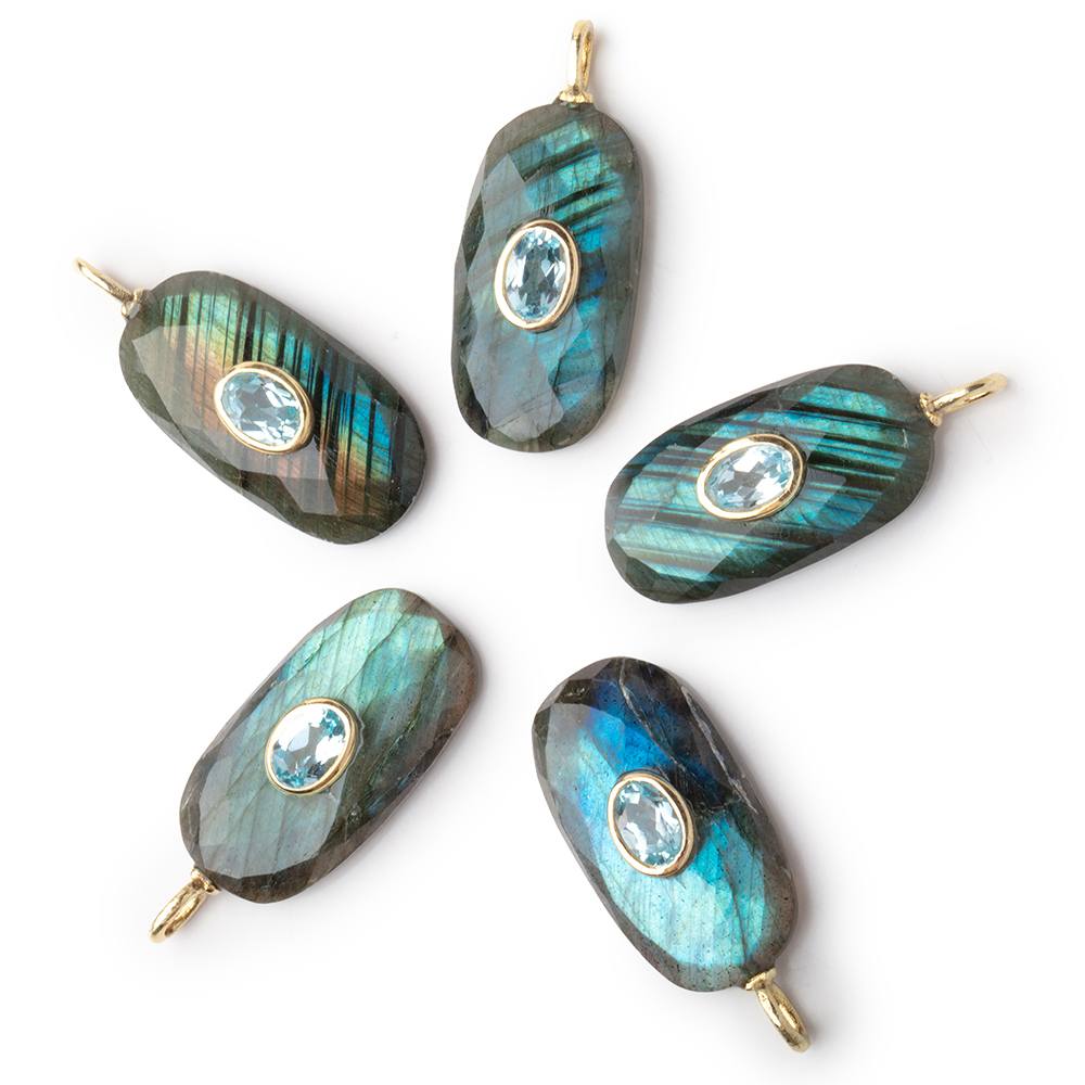 23x12mm Labradorite Faceted Oval with Bezeled Aqua Inlay 1 Pendant - BeadsofCambay.com