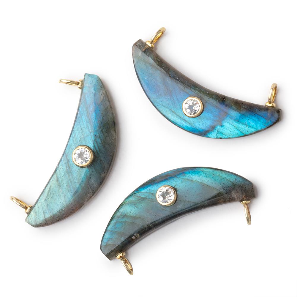 12x40mm Labradorite Crescent Moon with Bezeled Topaz Inlay 1 Connector - BeadsofCambay.com