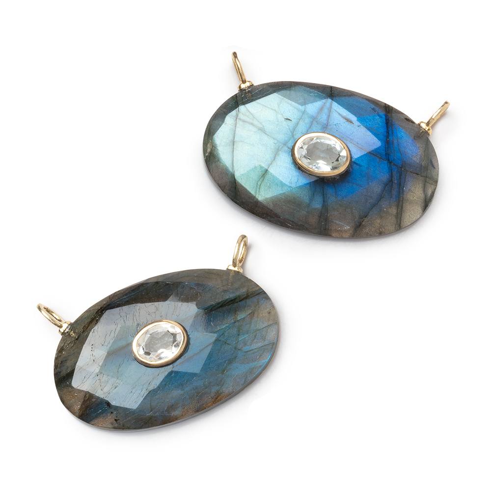 22x35mm Labradorite Faceted Oval with Bezeled Topaz Inlay 1 Connector - BeadsofCambay.com