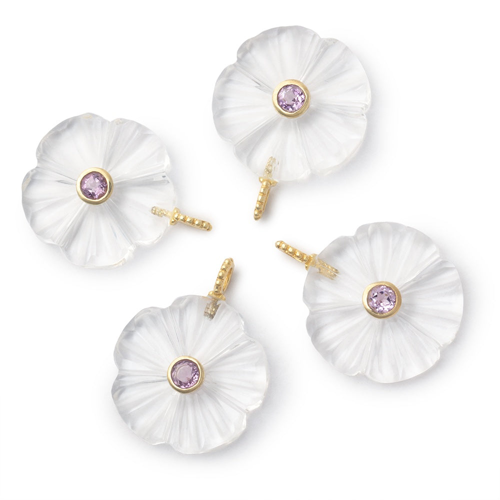 22mm Crystal Quartz Carved Flower with Bezel Pink Amethyst Inlay 1 Pendant - BeadsofCambay.com