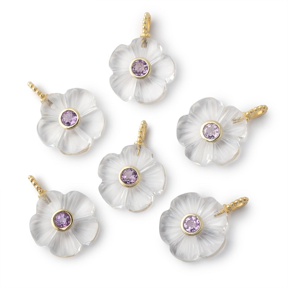 16mm Crystal Quartz Carved Flower with Bezeled Pink Amethyst Inlay 1 Pendant - BeadofCambay.com