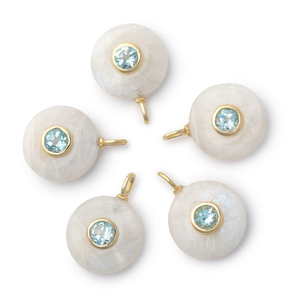 16mm Rainbow Moonstone Coin with Bezel Aquamarine Inlay 1 Pendant - BeadsofCambay.com