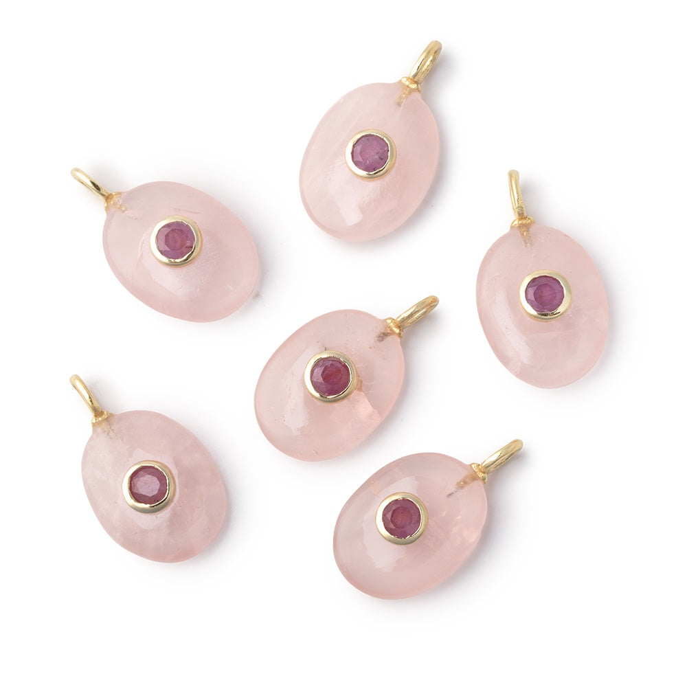 16x13mm Rose Quartz Oval with Bezeled Ruby Inlay 1 Pendant - BeadsofCambay.com