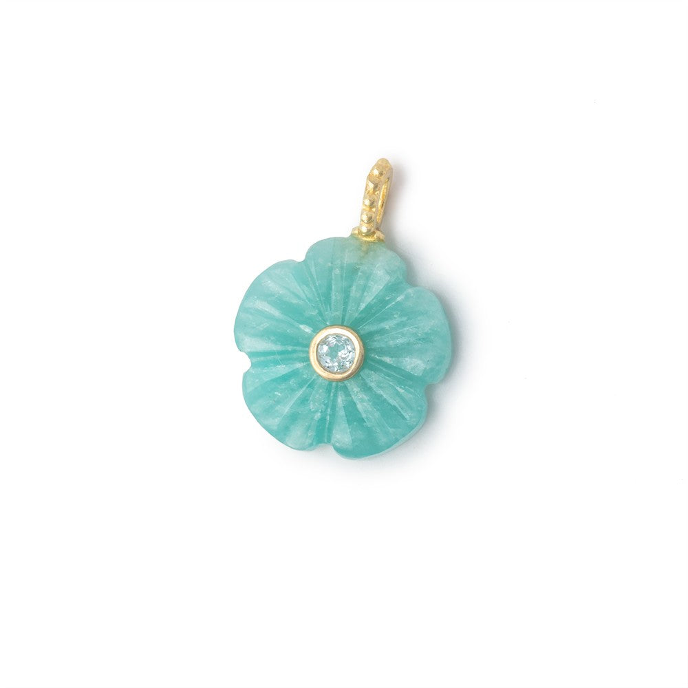 16mm Amazonite Carved Flower with Bezeled Aquamarine Inlay 1 Pendant - BeadsofCambay.com
