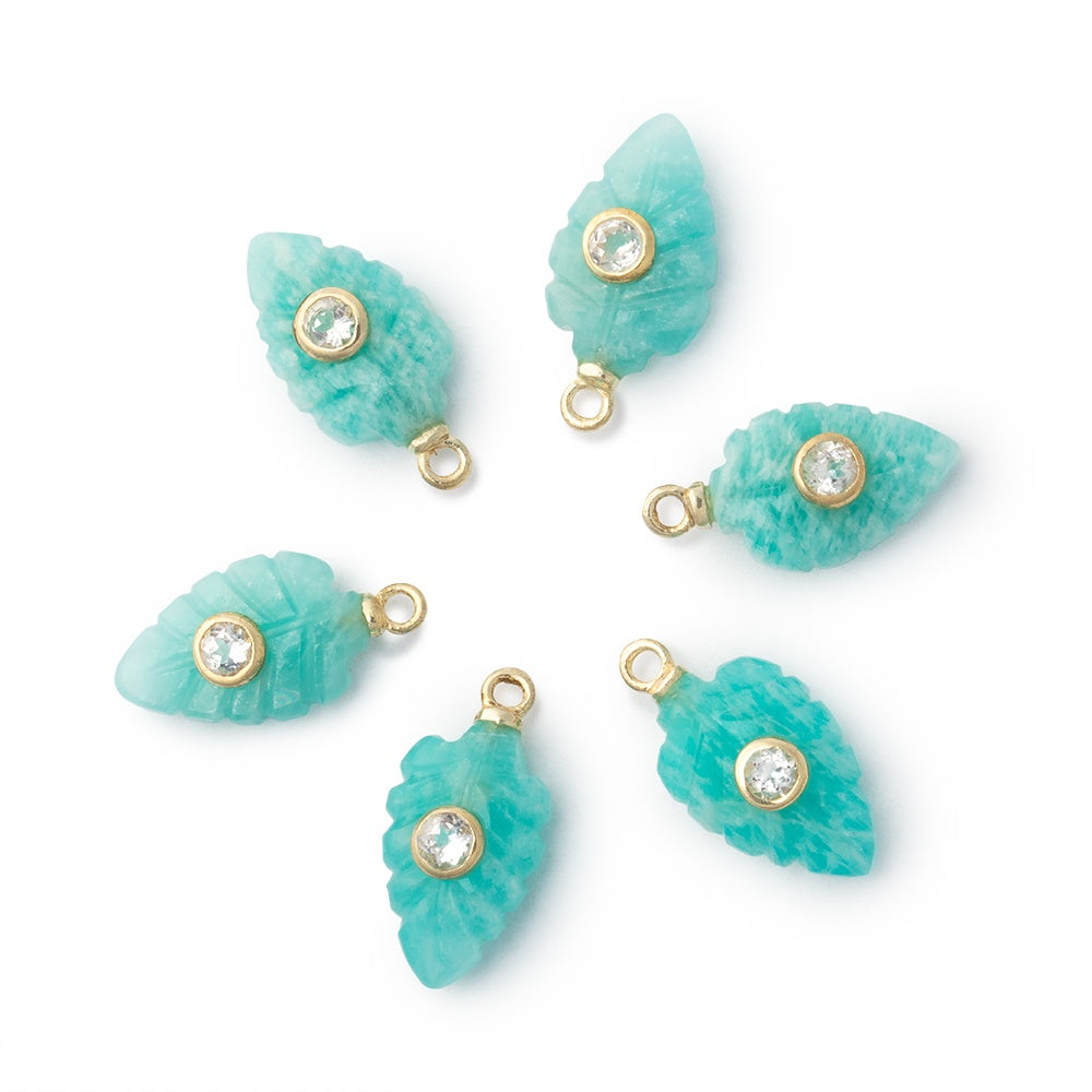 14x9mm Amazonite Carved Leaf with Bezeled White Topaz Inlay 1 Pendant - BeadsofCambay.com