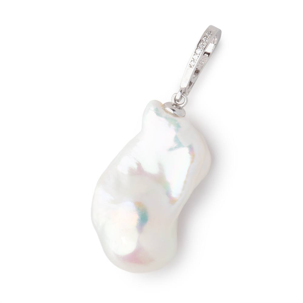 30x15mm White Ultra Baroque Pearl with Sterling Silver CZ Bail 1 Pendant AAA - BeadsofCambay.com