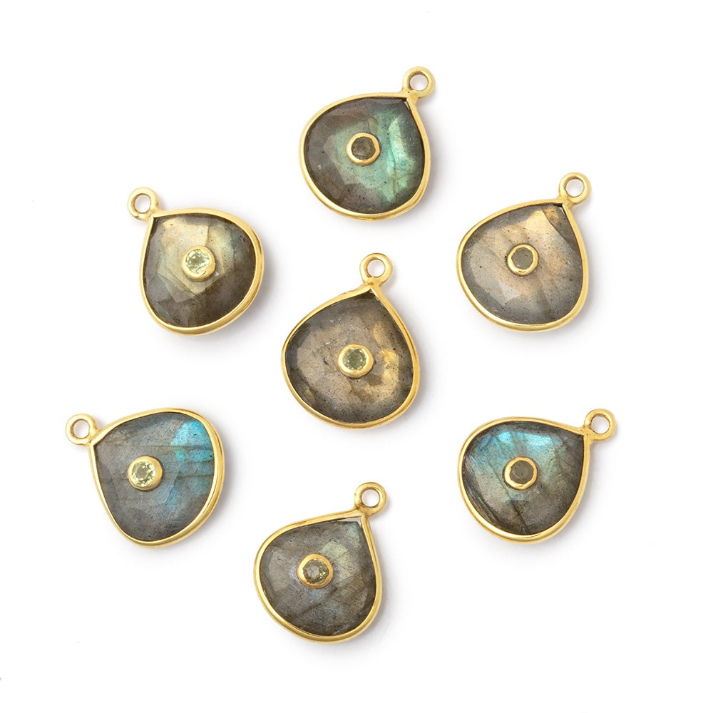 12mm Vermeil Bezel Labradorite Heart with Bezeled Peridot Inlay 1 Pendant - BeadsofCambay.com