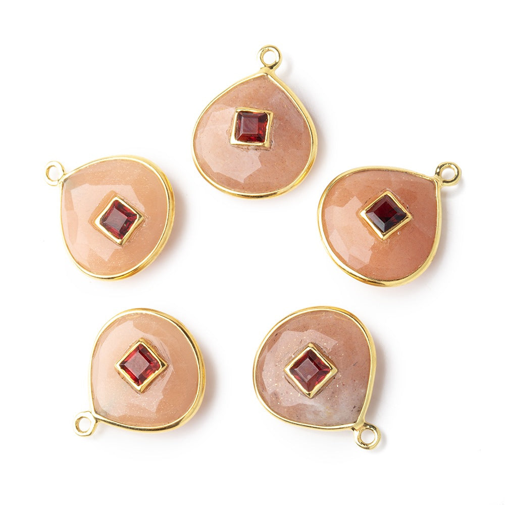 13mm Vermeil Bezel Peach Moonstone Heart with Bezel Garnet Inlay 1 Pendant - BeadsofCambay.com