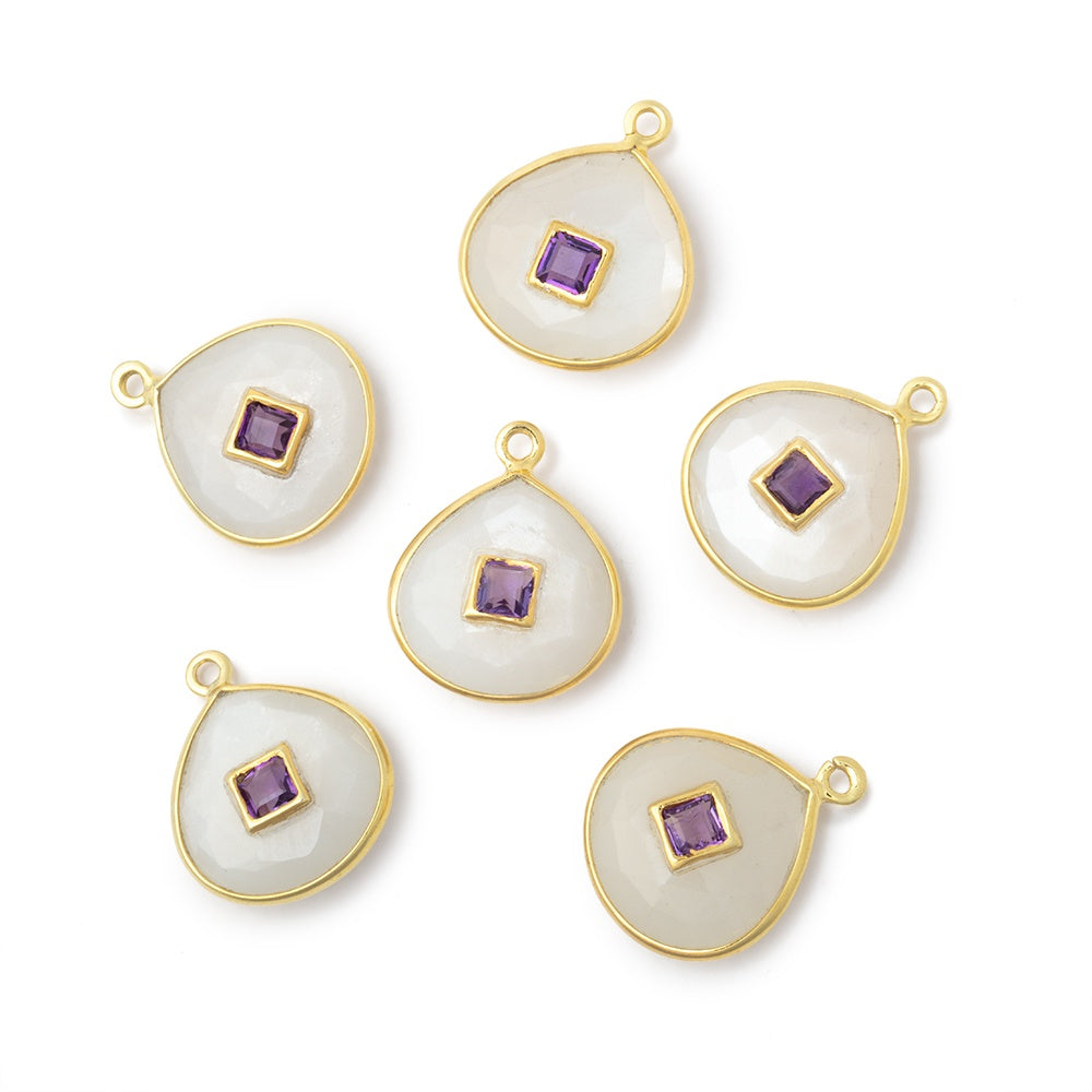 13mm Vermeil Bezel White Moonstone Heart with Bezel Amethyst Inlay 1 Pendant - BeadsofCambay.com