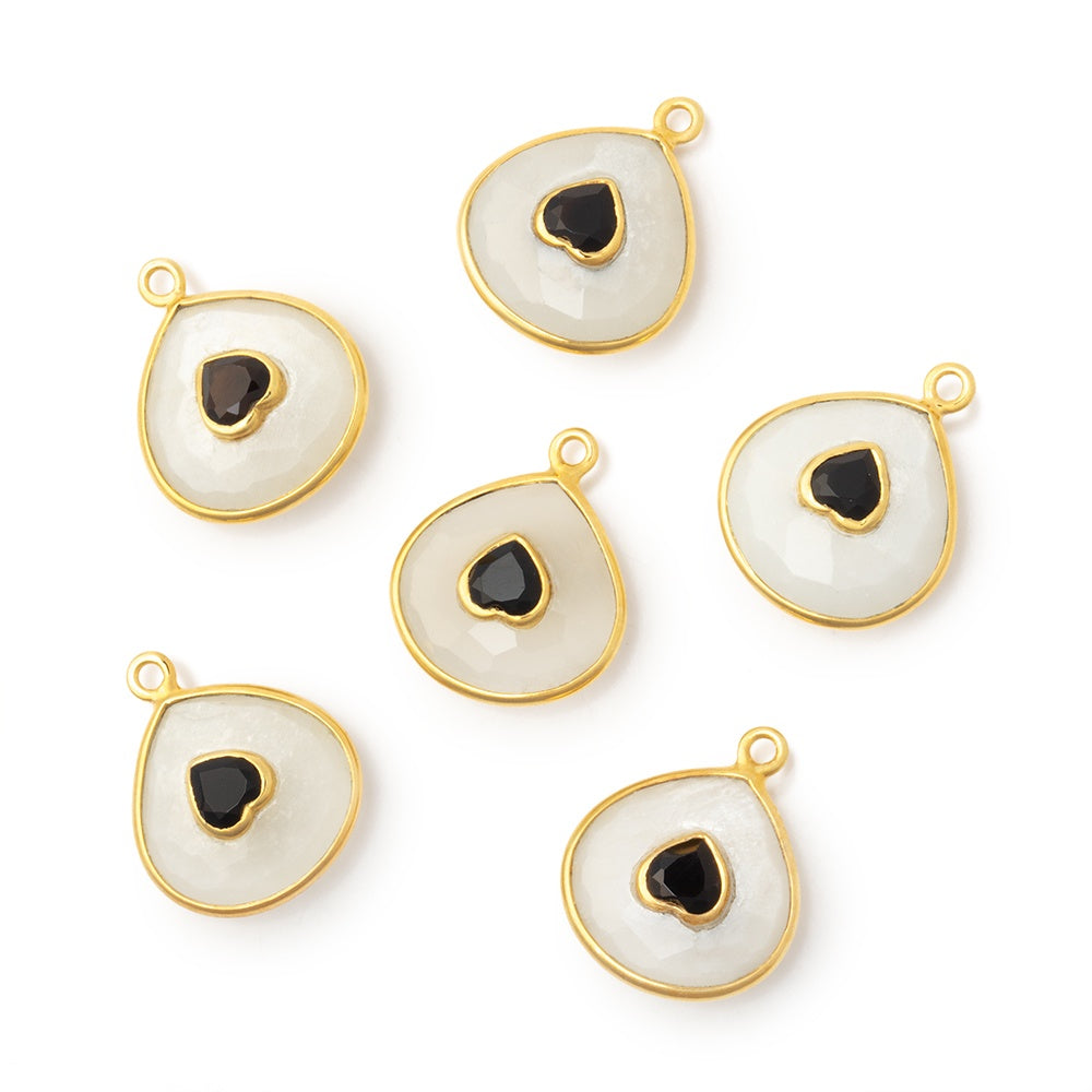 13mm Vermeil Bezel White Moonstone Heart with Bezel Black Spinel Inlay 1 Pendant - BeadsofCambay.com