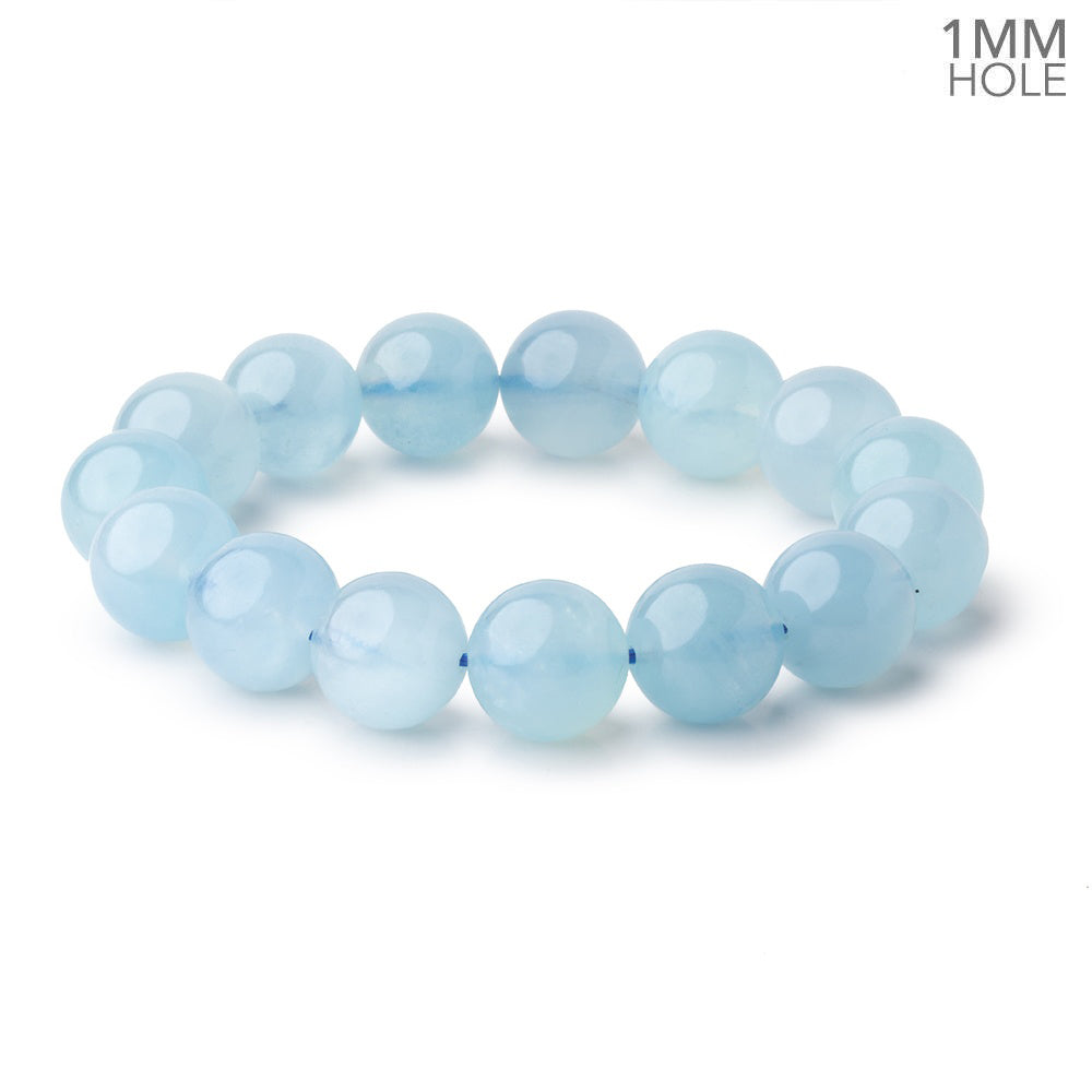 13mm Aquamarine Plain Round 8 inch 16 Beads with a 1mm Hole AA - BeadsofCambay.com