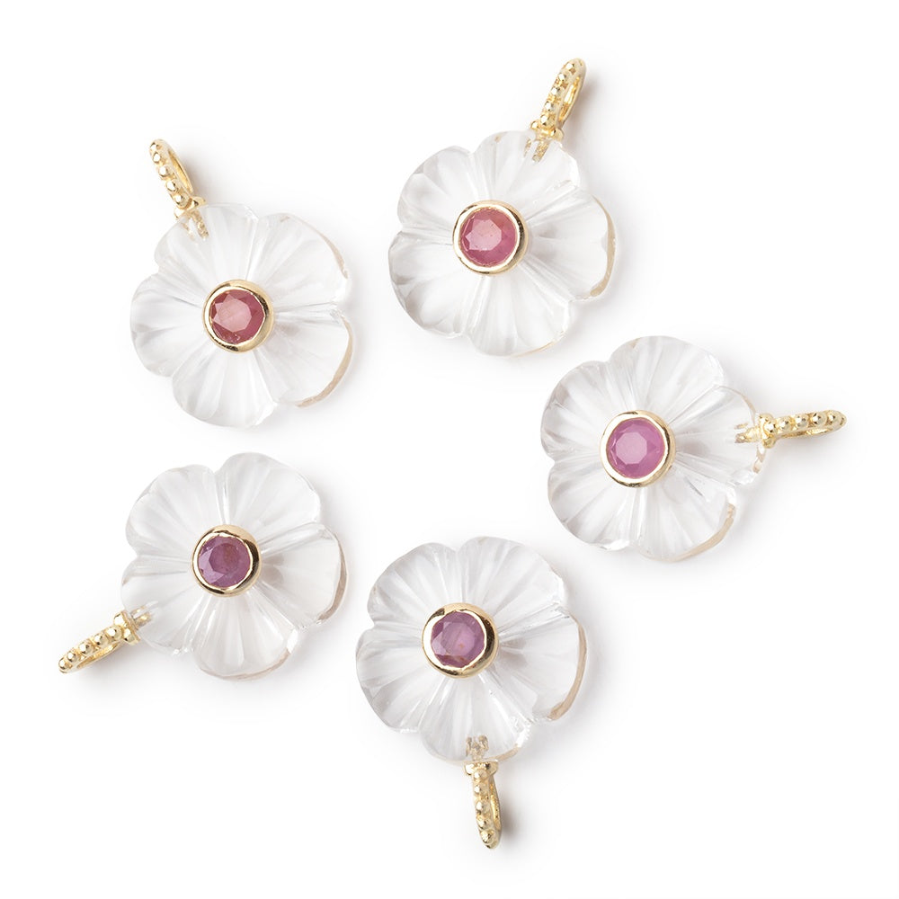 16mm Crystal Quartz Carved Flower with Bezel Ruby Inlay 1 Pendant - BeadsofCambay.com
