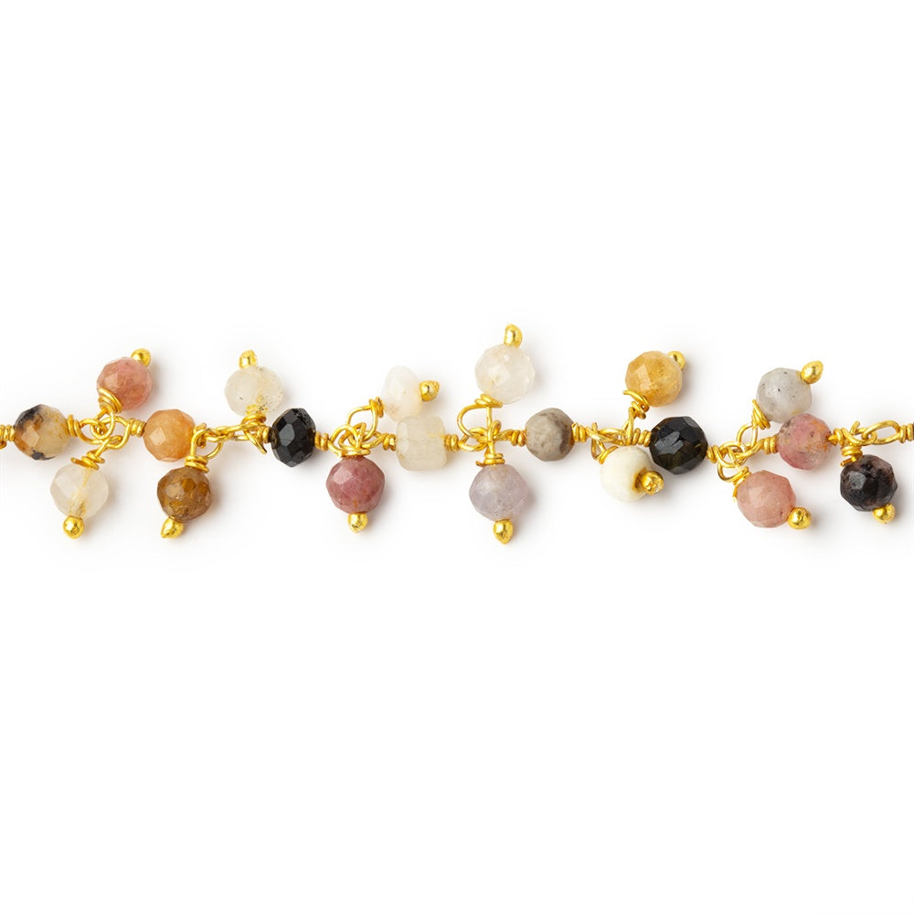 3mm Multi Gem Micro Faceted Rounds & Cubes on Gold Plated Dangling Chain - BeadsofCambay.com