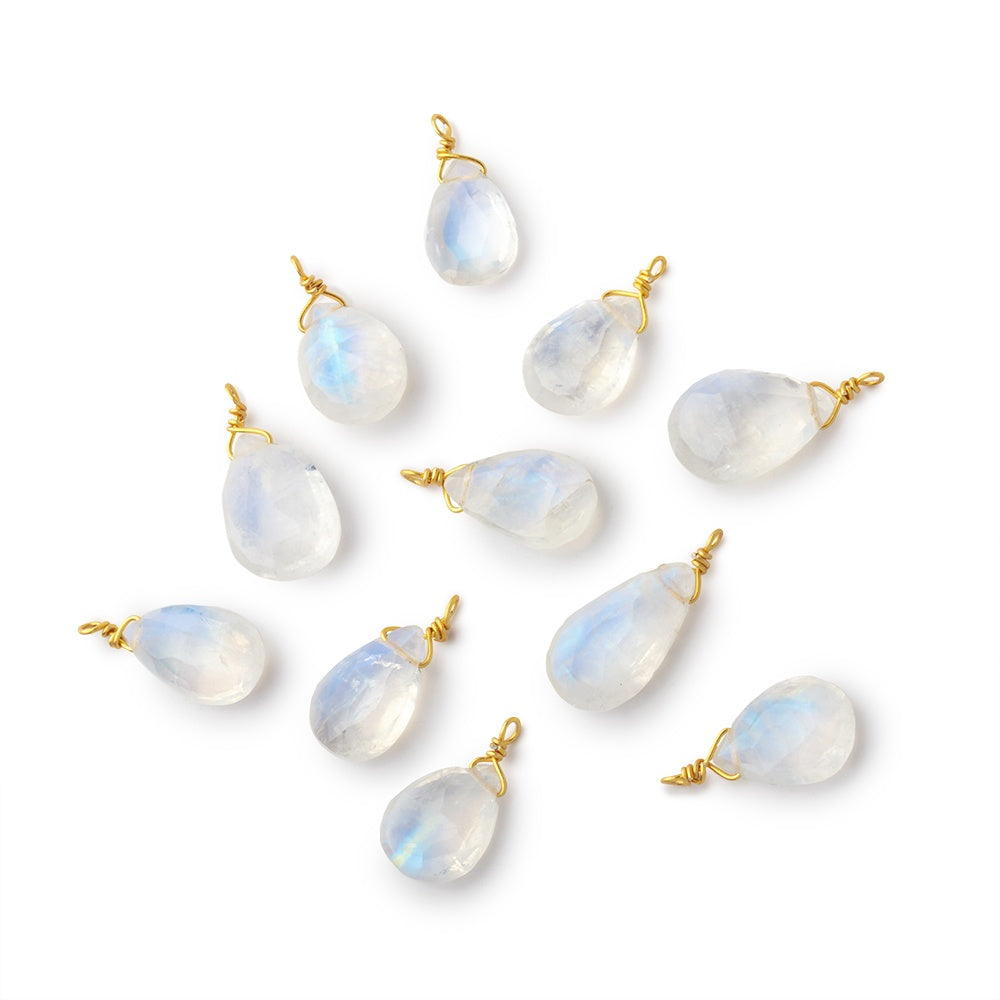 8-10mm Vermeil Wire Wrapped Rainbow Moonstone Faceted Pear 1 Pendant - BeadsofCambay.com
