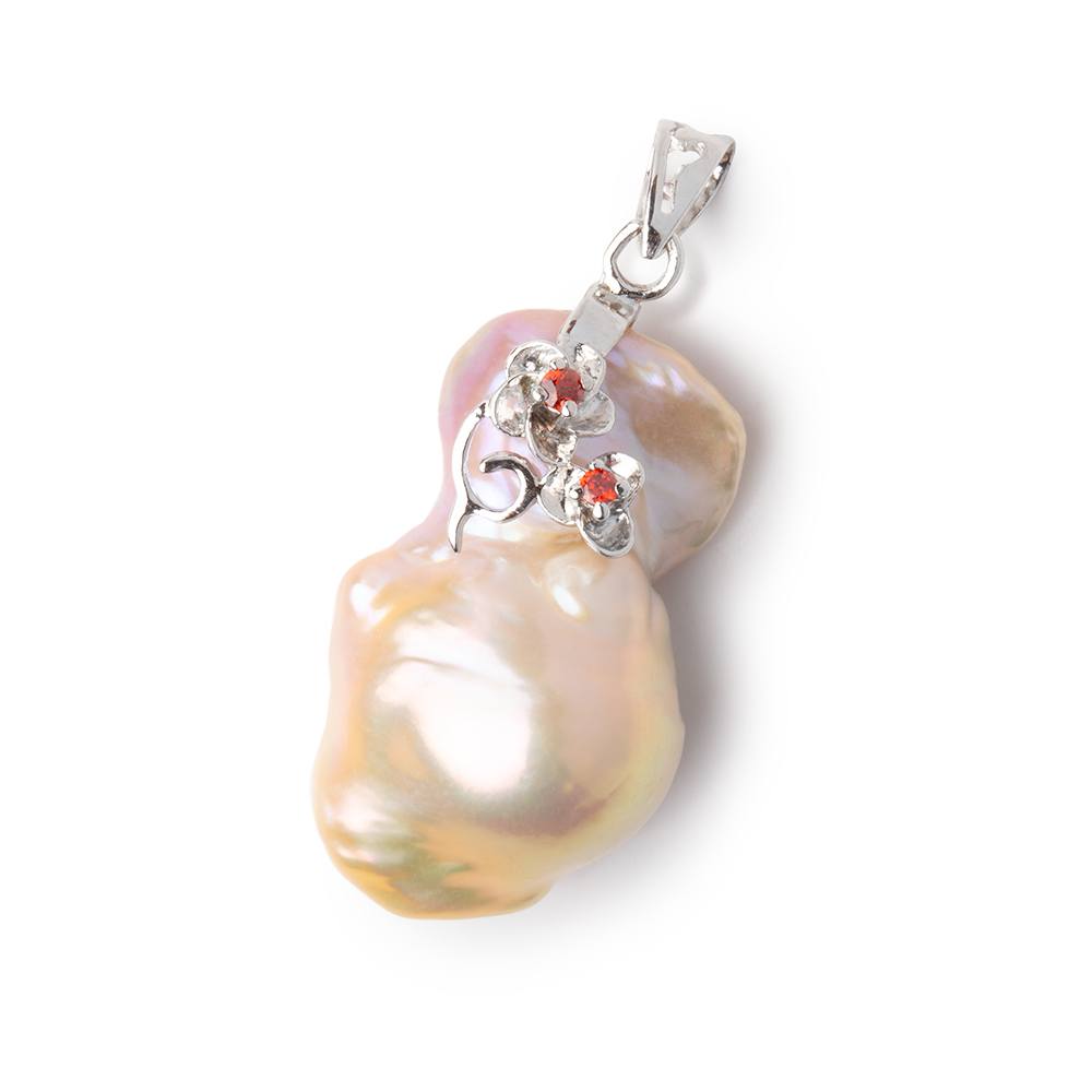 29x17mm .925 Silver Capped Peach Ultra Baroque Pearl 1 Pendant - BeadsofCambay.com