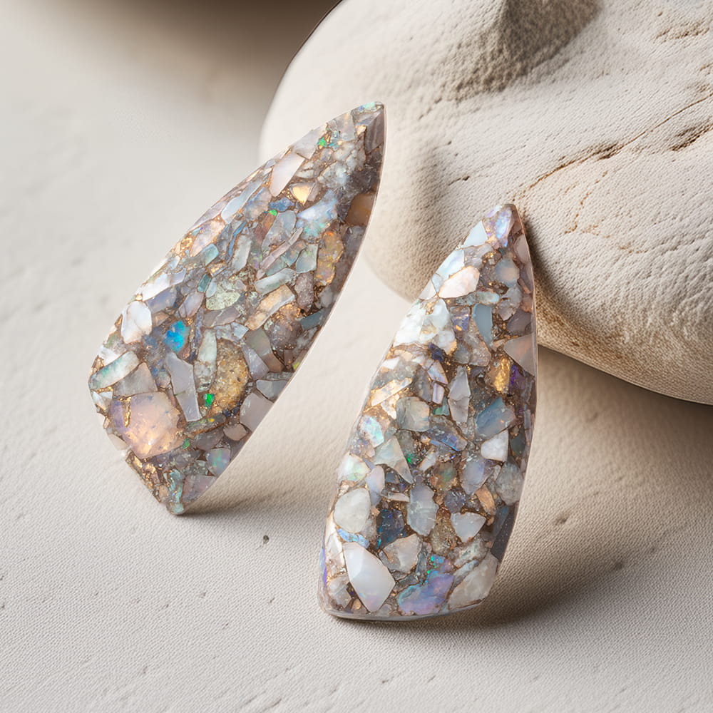 26x10mm Mosaic Australian Opal Fancy Shape Briolette Set of 2 Focals - BeadsofCambay.com