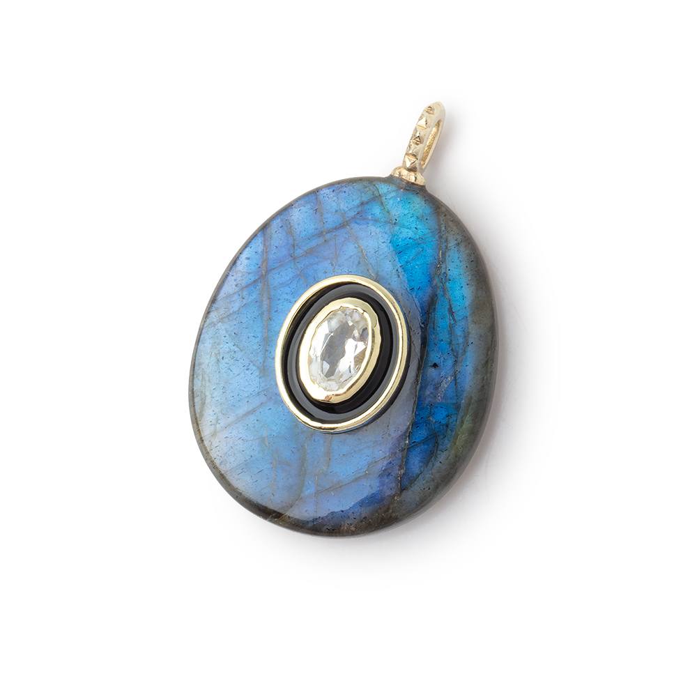 25x21mm Labradorite Oval with an Enamel Bezeled Topaz Inlay 1 Pendant - BeadsofCambay.com